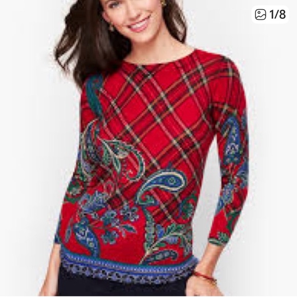 Talbots Sweaters - Talbots Size Medium Lightweight 100% Merino Wool Red Plaid/Paisley Sweater